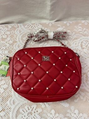 Badgley Mischka Vegan leather Red Quilted Crossbody Bag with Pearl Studs